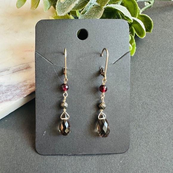Smoky Quartz Earrings Garnet Pyrite lever back 14k GF - Picture 6 of 7